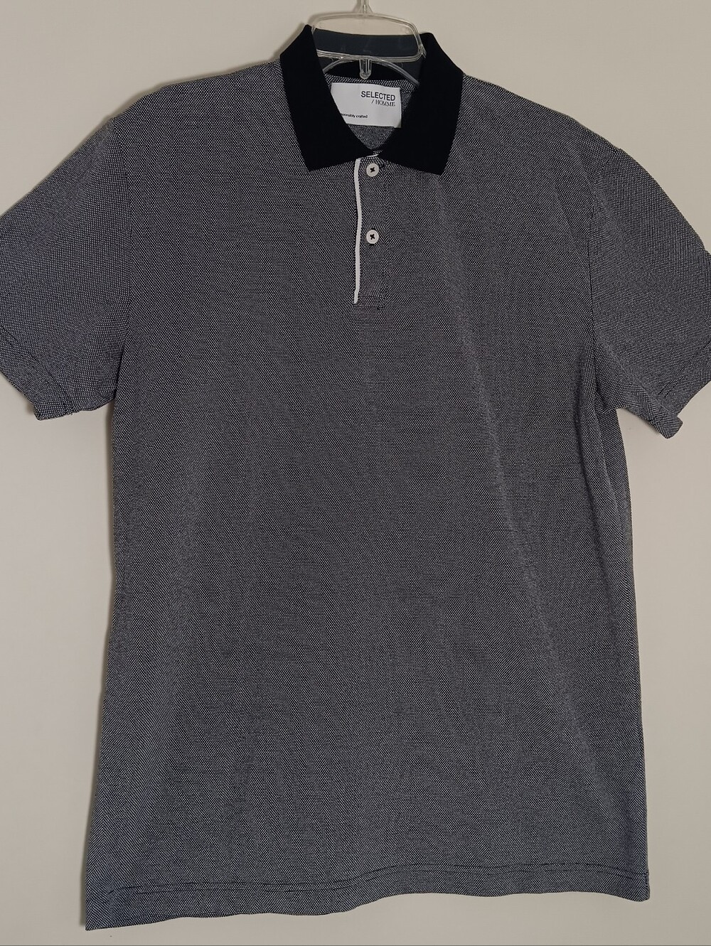 Selected Homme Men's Polo Shirt Size Large Black White Micro Dot Cotten Blend.